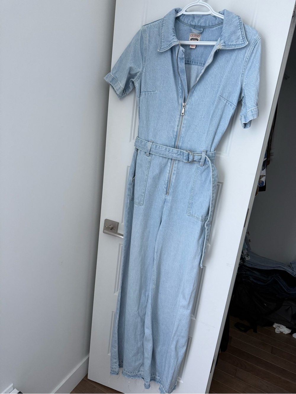 Guess Light Blue Denim Zip-Front Jumpsuit with Belt
